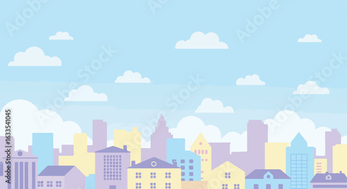 Pastel cityscape with buildings and a sky with fluffy clouds