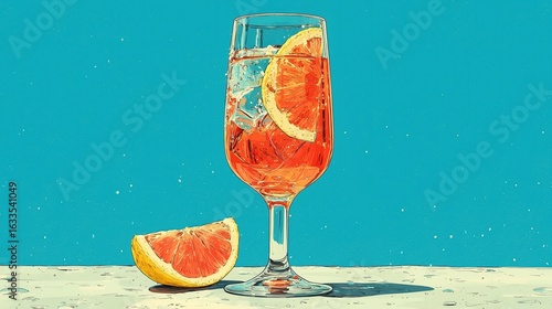 Refreshing Grapefruit Cocktail in Glass, Summer Drink,  Teal Background,  Vibrant Citrus Illustration