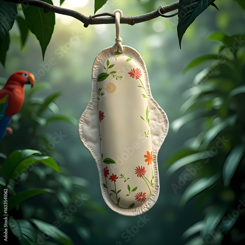 Eco-Friendly Sanitary Pad Hanging on a Branch in Nature.