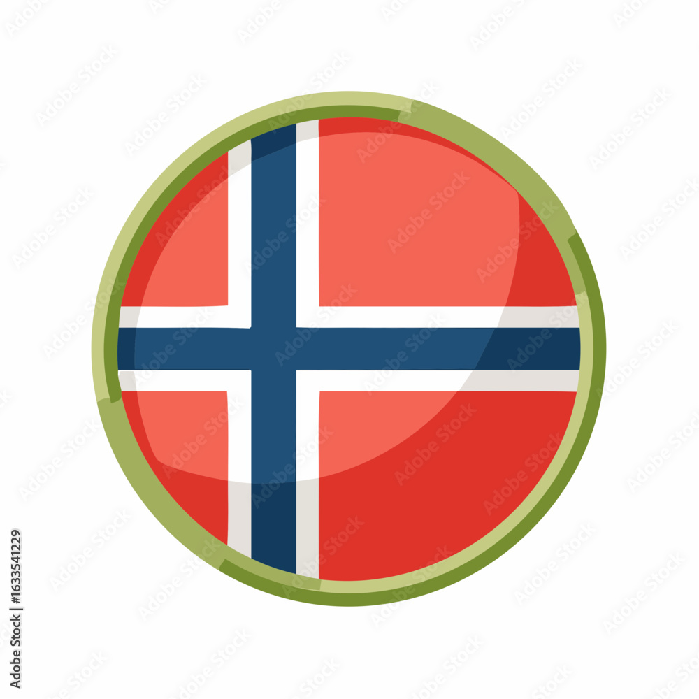 Fototapeta premium Circular Norway flag badge featuring the Nordic cross on a red field with blue accents, ideal for travel campaigns, cultural events, and educational resources 