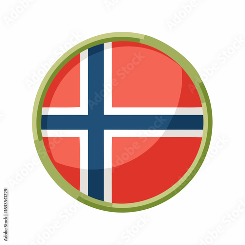 Circular Norway flag badge featuring the Nordic cross on a red field with blue accents, ideal for travel campaigns, cultural events, and educational resources
