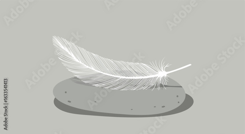 Light feather on a smooth, shaded stone, soft gray-toned background