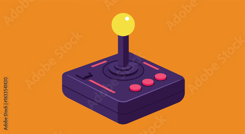 Isometric vintage joystick with buttons, yellow stick on orange backdrop