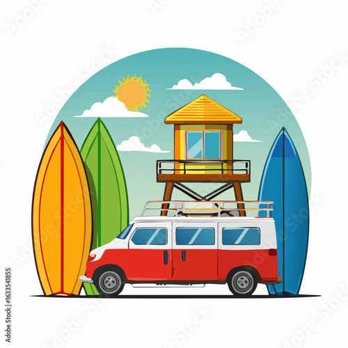 Round badge featuring a retro van and beach scenery, perfect for seaside resorts, travel agencies, and lifestyle marketing
