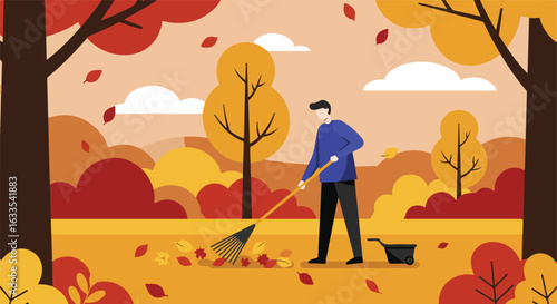 Raking leaves. Man raking fall leaves in a park-like setting with orange/red foliage