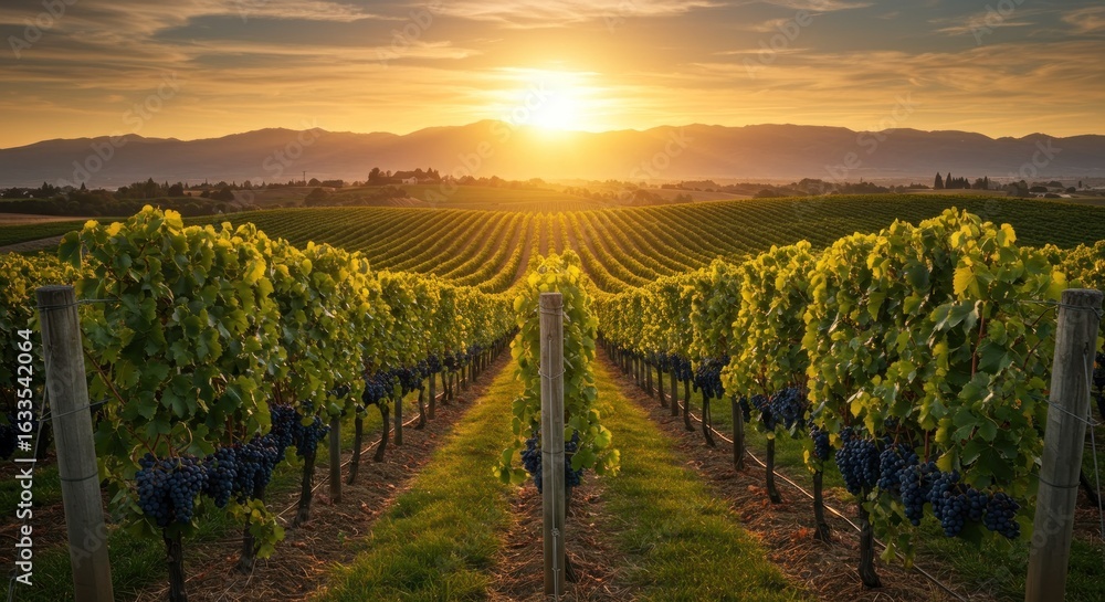 Naklejka premium Tranquil vineyard panorama under a golden sunset, showcasing rows of grapevines and distant