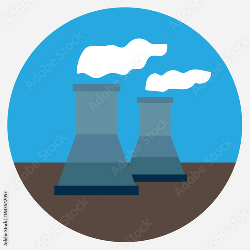 Stylized Power Plant Illustration A Clean Energy Concept with Blue Sky Backdrop and Circular Frame Design Aesthetic, Emission Free, Eco-friendly