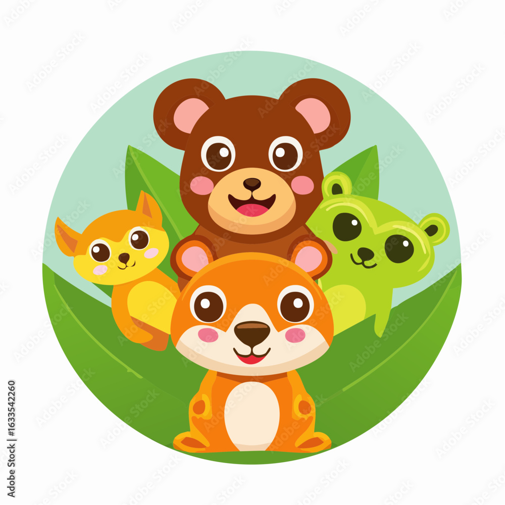 Fototapeta premium Playful circular scene showcasing diverse woodland buddies united in friendship, designed for literacy campaigns, daycare branding, and educational resources