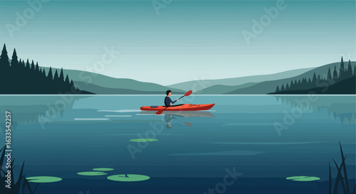 Canoeist paddling on a calm lake with mountains, trees, lillypads, and serene sky