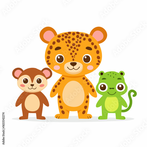 Whimsical round badge with a trio of cute animal friends encircled by a nature-inspired ring, ideal for kids’ apparel, playground posters, and community program graphics
