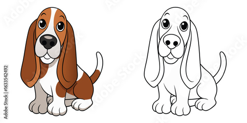 A Basset Hound with long droopy ears and short legs, sitting with a relaxed face