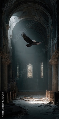 Ruined church interior, a bird in flight