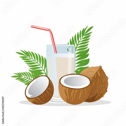 A vibrant circular illustration of coconut drinks with a straw and tropical backdrop, ideal for beachside branding, summer campaigns, and travel content
