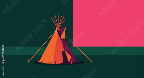 Geometric stylized teepee camp scene against a split dark green and pink background
