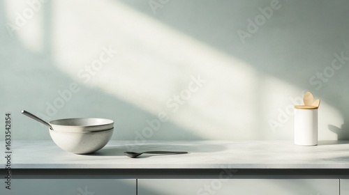 Minimalist kitchen countertop with bowls, spoon, and canister. Sunlight streams across a pale green wall