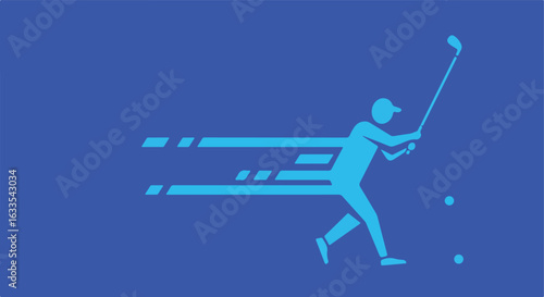 Blue golfer swings with motion blur on blue background