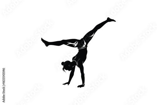 A dynamic silhouette of a female gymnast performing a handstand with one leg extended high in the air showcasing strength and flexibility in a graceful pose silhouette