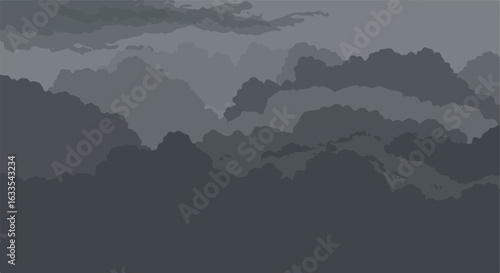 Gray layers of cloudy terrain fade to dark bottom