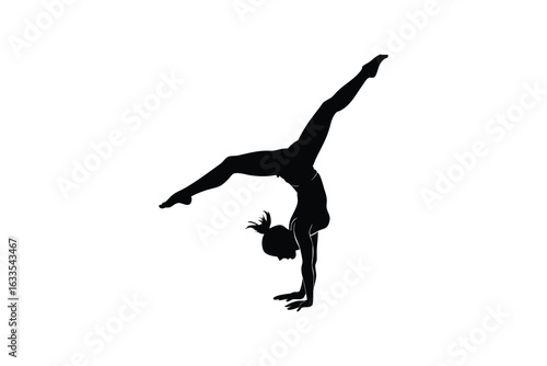 Graceful gymnast performing a dynamic handstand with legs extended in a split during a competitive gymnastics routine silhouette