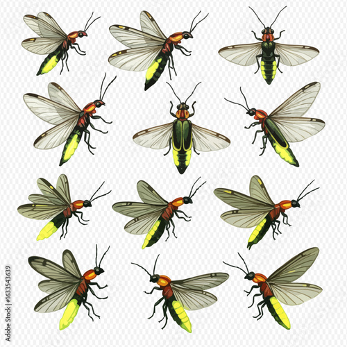 A collection of twelve illustrated fireflies from various angles, showcasing their glowing yellow abdomens and transparent wings in flight.