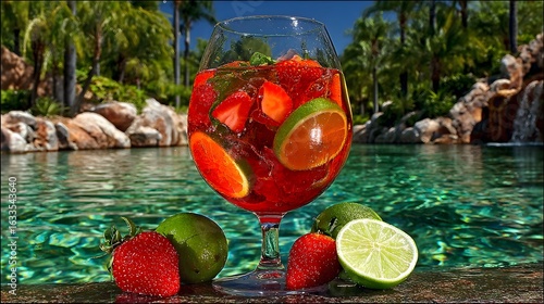 Large glass of fruit punch drink with limes and strawberries outdoors.