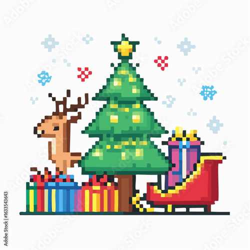 Playful circular holiday design showcasing a tree, presents, and winter wonder, designed for banners, greeting cards, and social media marketing

