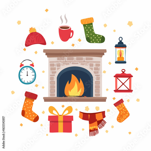 Polished round icon of a festive hearth scene with seasonal props, designed for branding collateral, greeting cards, and holiday event promotion
