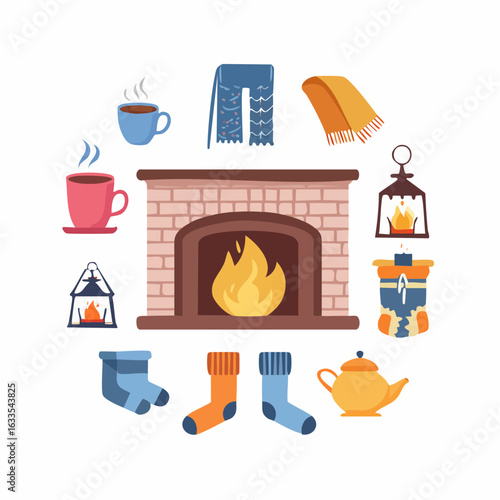 Charming round illustration of a glowing hearth with holiday accessories arranged around it, ideal for Christmas marketing, gift guides, and family-friendly campaigns
