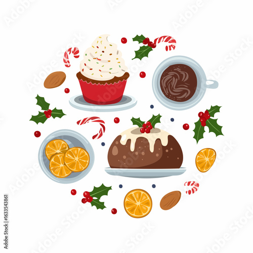 Polished round icon of a dessert plus coffee set, suitable for branding collateral, menu design, and lifestyle advertisements
