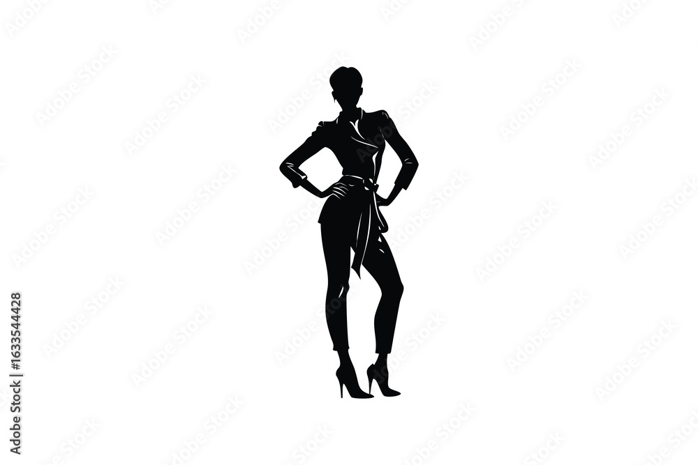 Fototapeta premium Elegant woman in a stylish outfit with hands on hips presented as a striking black silhouette against a clean white background showcasing fashion and confidence silhouette