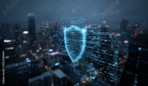 Digital shield graphic over cityscape at night