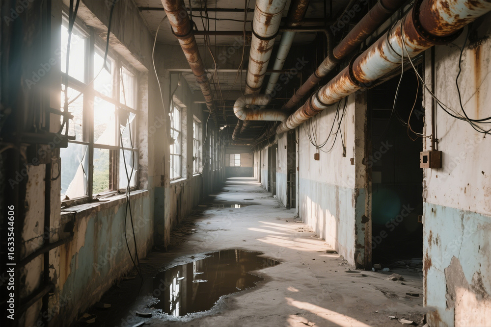 Fototapeta premium Broken Windows and Puddles in Industrial Corridor