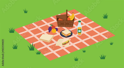 Outdoor picnic scene with blanket, basket, fruit, sandwiches, and drink