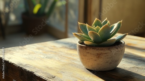 Succulent in a rustic pot on a wooden table, bathed in sunlight