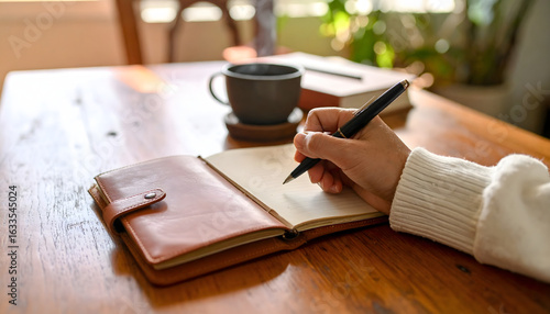 A person writing thoughts in a leather journal on a wooden table with a cup of herbal tea.