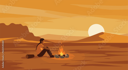Person sits by campfire in a desert landscape with dunes and a setting sun