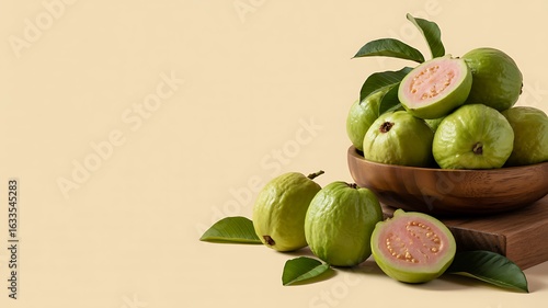 Wallpaper Mural Fresh pink guava halves and whole fruits in wooden bowl, vibrant, natural, healthy, tropical produce Torontodigital.ca