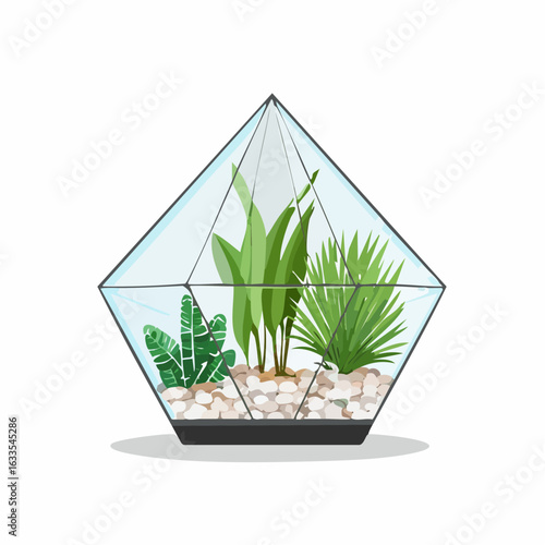Playful round glass terrarium scene suitable for plant shops, DIY crafts, and nature-inspired packaging with an eco-friendly message
