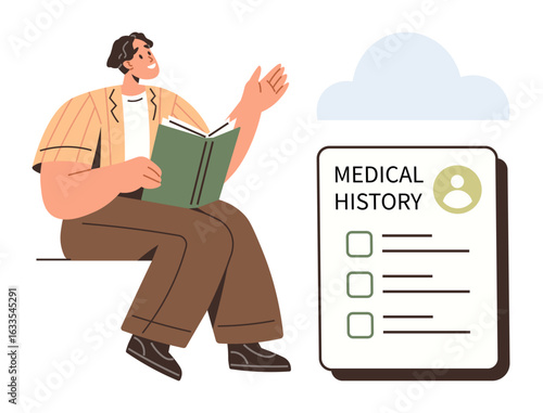 Person sitting with open book and large medical history form featuring details and checkboxes. Ideal for healthcare, medical records, patient management, education, research, diagnostics, wellness