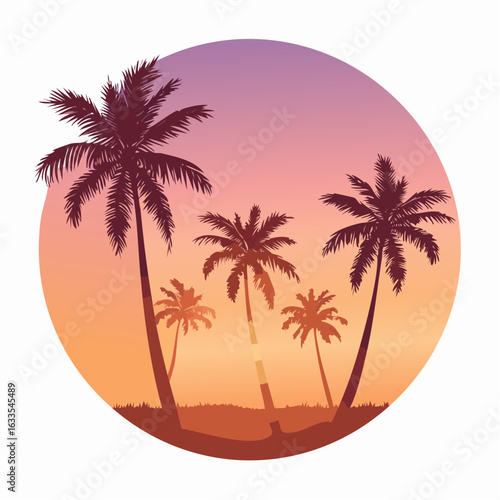 Polished round icon of a tropical sunset silhouette, designed for branding collateral, newsletters, and promotional posters
