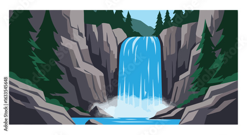 Waterfall cascades into a blue pool, framed by rocks and evergreen trees