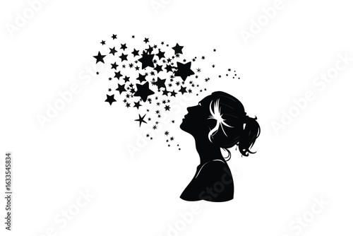 Elegant silhouette of a woman with long flowing hair gazing at a cascade of sparkling stars symbolizing dreams and aspirations