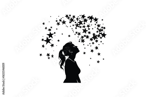 A young girl s silhouette gazes upwards at a cascade of sparkling stars symbolizing dreams imagination and the wonder of the night sky