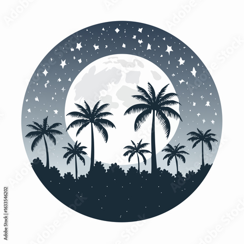 Whimsical round badge of a moonlit palm scenery, suitable for travel blogs, social media banners, and serene storytelling campaigns
