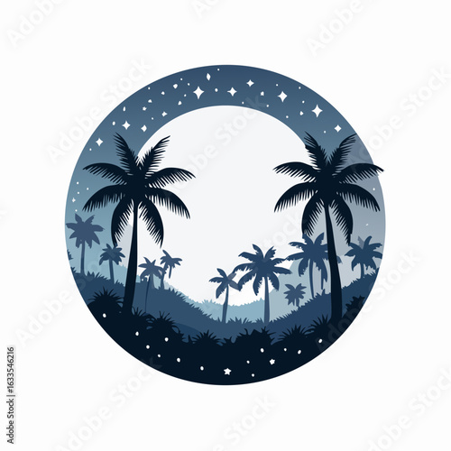 Polished circular icon capturing a dreamy nocturnal tropical backdrop, designed for branding collateral, websites, and seasonal promotional materials
