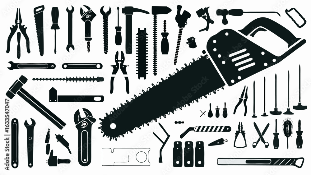 Fototapeta premium Illustration showing a variety of tools including saws wrenches pliers and screwdrivers in black silhouette