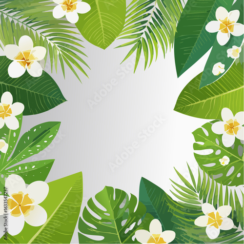 Polished round icon of a blooming frame with tropical flora, suitable for branding collateral, newsletters, and seasonal campaigns
