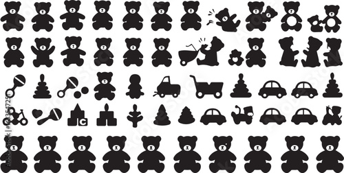 Collection of black teddy bear and toy silhouettes on a white background teddy bears