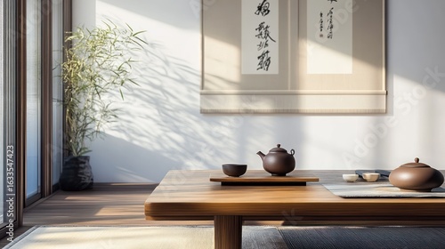 Sun-drenched zen room with a tea ceremony setup