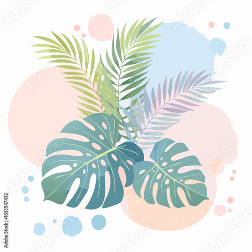 A dynamic circular collage of abstract tropical leaves and shapes in pastel hues, perfect for modern branding, tech-friendly packaging, and creative marketing visuals
